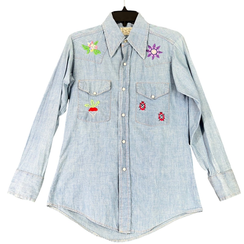 Triple L Brand Shirt Size M Vintage Western Chambray Pearl Snap Embroidered‎ USA